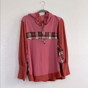 POL dusty rose and plaid oversized hooded top, size large
